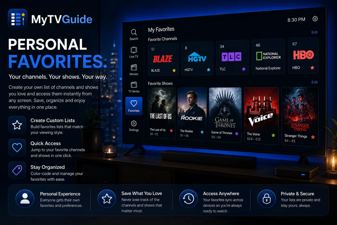 MyTVGuide favorites screen showing favorite channels and favorite shows