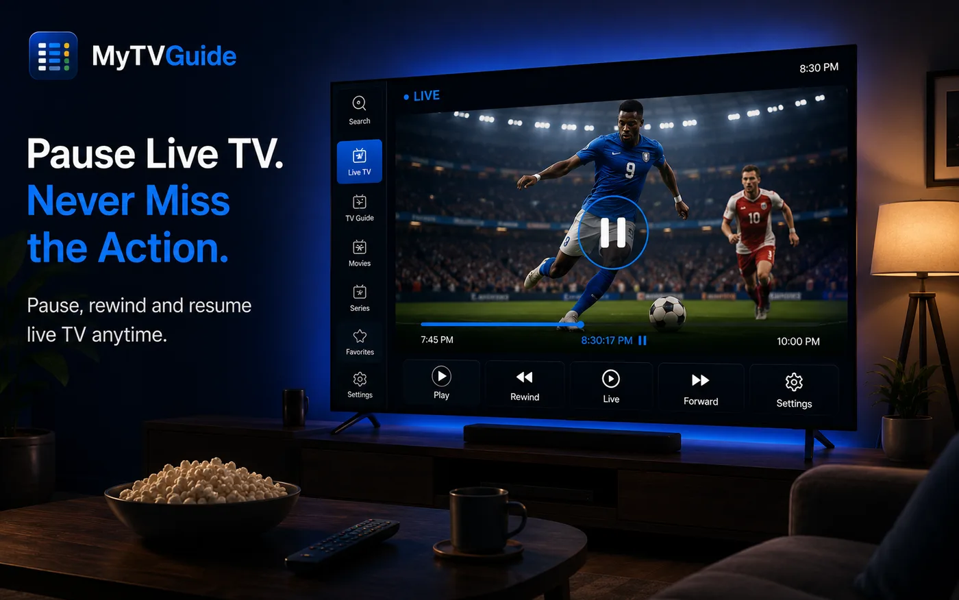 MyTVGuide live TV player paused mid-match with rewind, play and forward controls