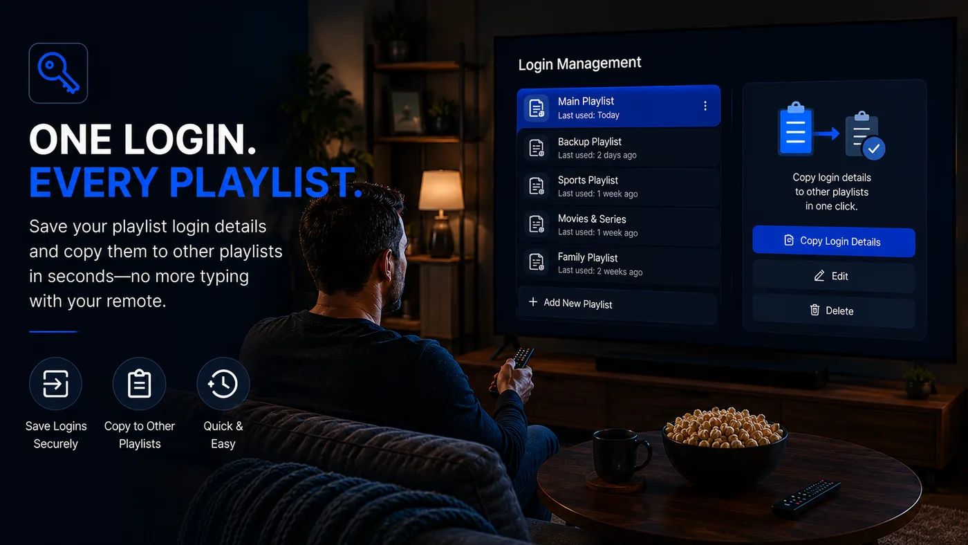 MyTVGuide login management screen showing saved playlists